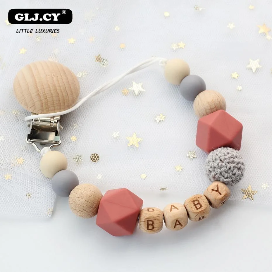 Personalized Name Handmade Silicone Baby Wooden Dummy Pacifier clip Safe Teething Chain Teether Pacifier  chains Holder Chain