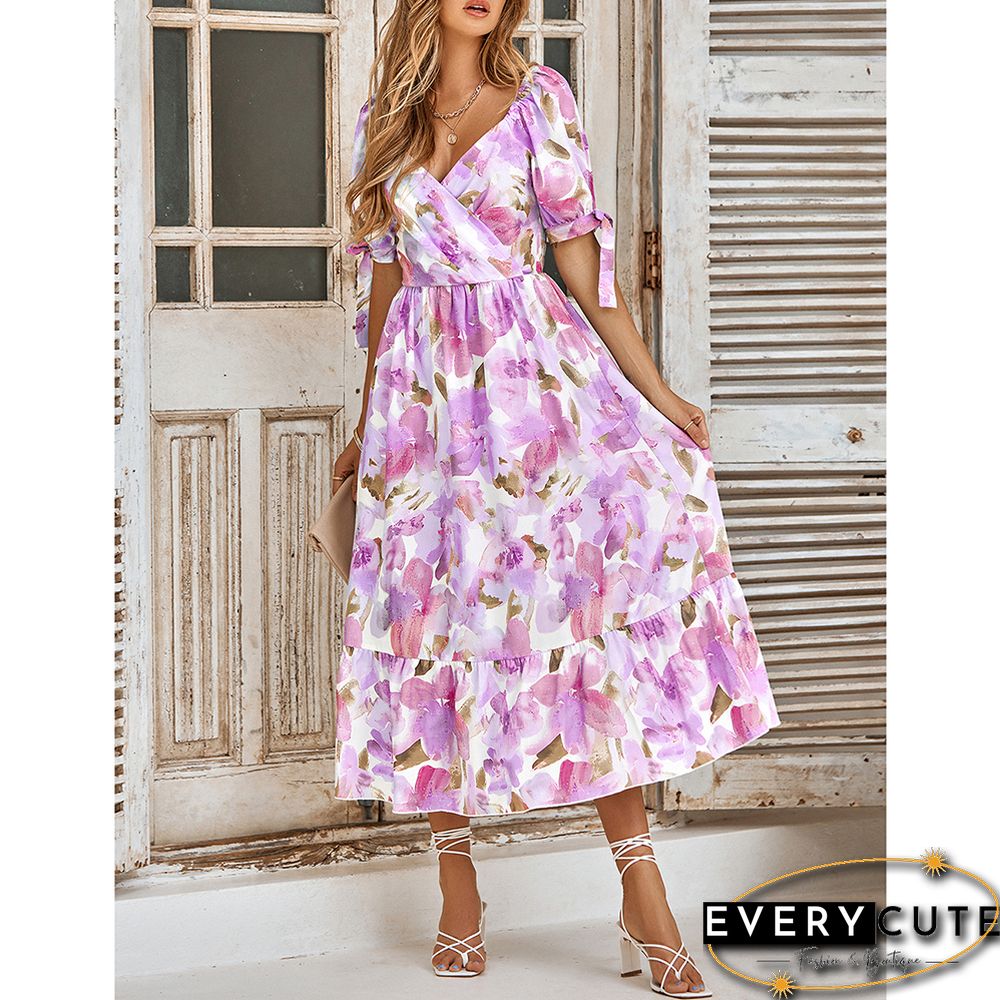 Purple Pink Floral Print Puff Sleeve Long Dress