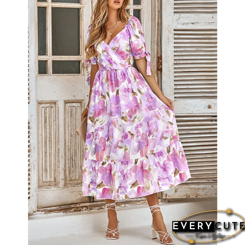 Purple Pink Floral Print Puff Sleeve Long Dress