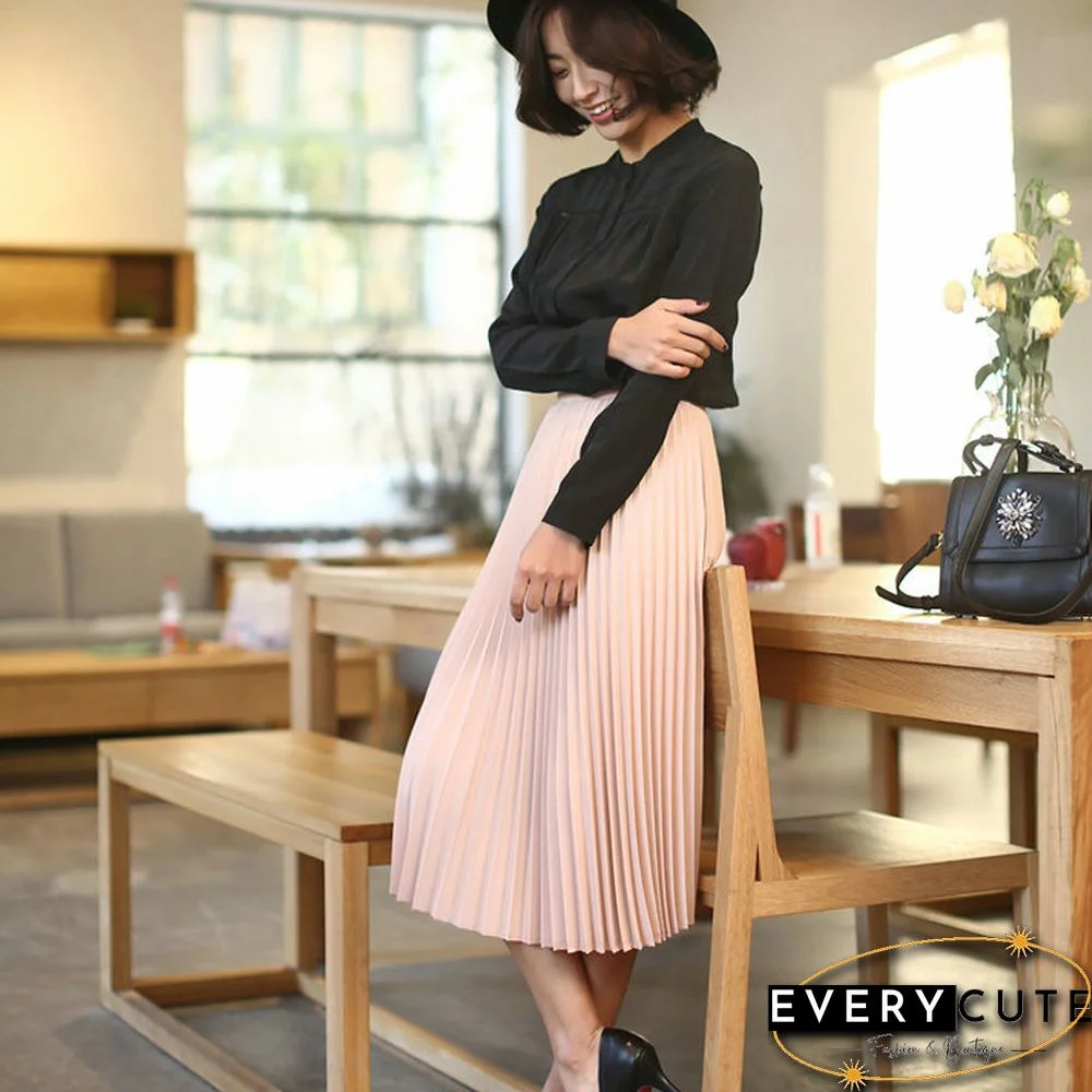 Spring And Autumn New Fashion Women's High Waist Pleated Solid Color Half Length Elastic Skirt Promotions Lady Black Pink