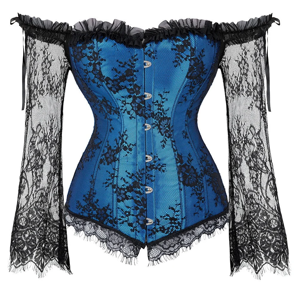 Corset Top Bustier Lingerie Women with Long Sleeves Renaissance Plus Size Lace Floral Sexy Costumes Burlesque Red Black White