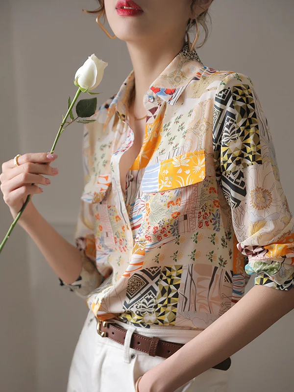 Long Sleeves Loose Buttoned Pockets Printed Lapel Blouses&Shirts Tops