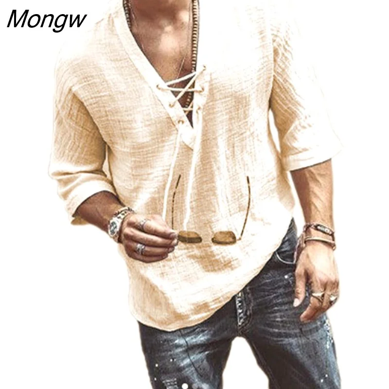 Mongw Men t-shirt Casual Middle Sleeve V Neck Loose Tee Tops Solid Color Oversized t-shirt 2021 Autumn New
