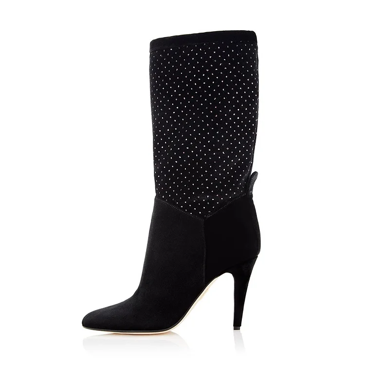 Black Studs Slouch Boots Almond Toe Cone Heel Mid Calf Boots |FSJ Shoes