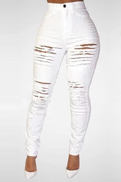 VogueRegion High Wasit White Destroyed Skinny Jeans