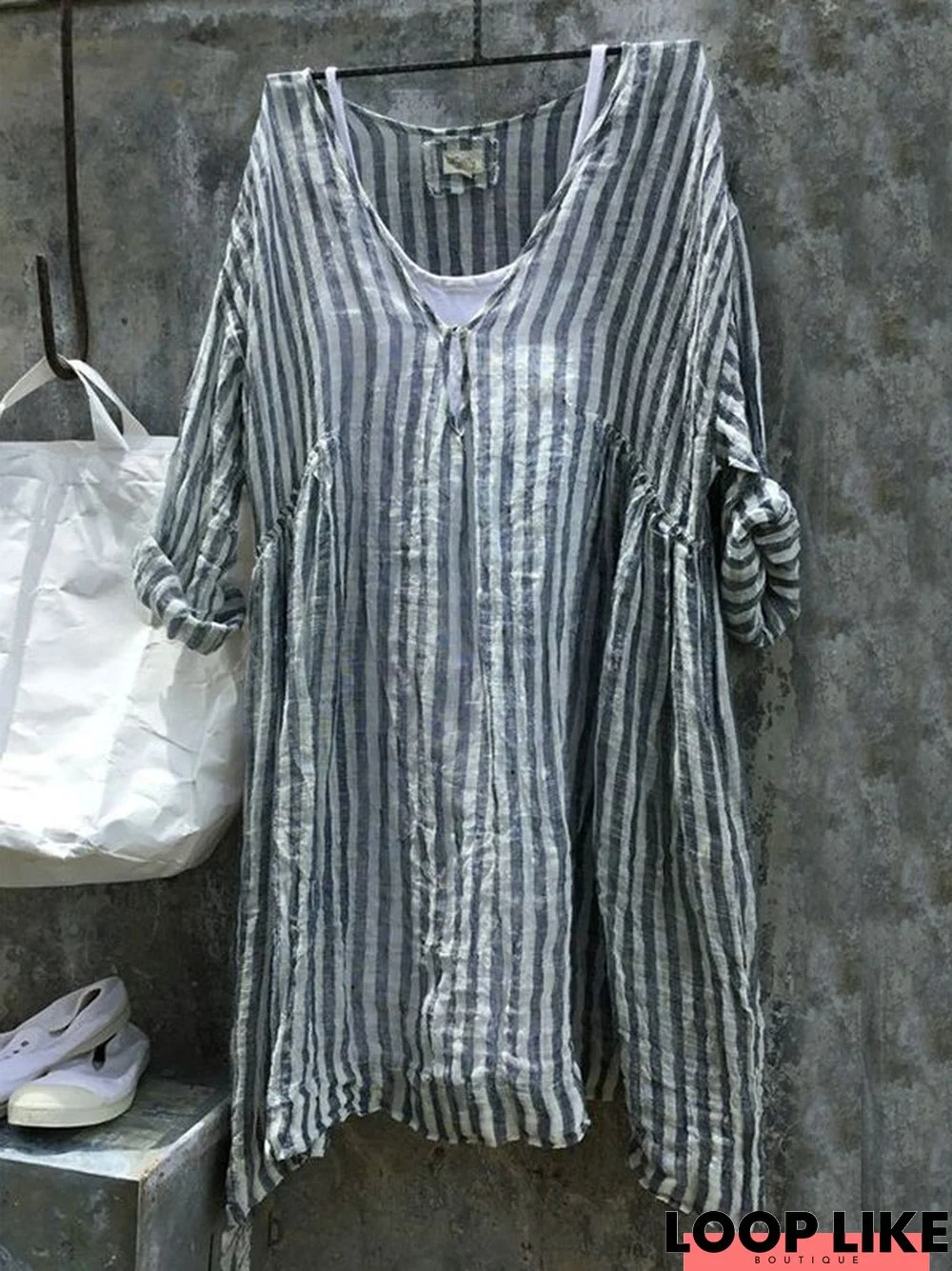 zolucky 3/4 Sleeve Cotton Linen Striped Casual Casual  Dress