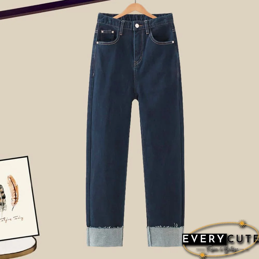 Colorblock Polo Knit Sweater Denim Pants Two Pieces Set