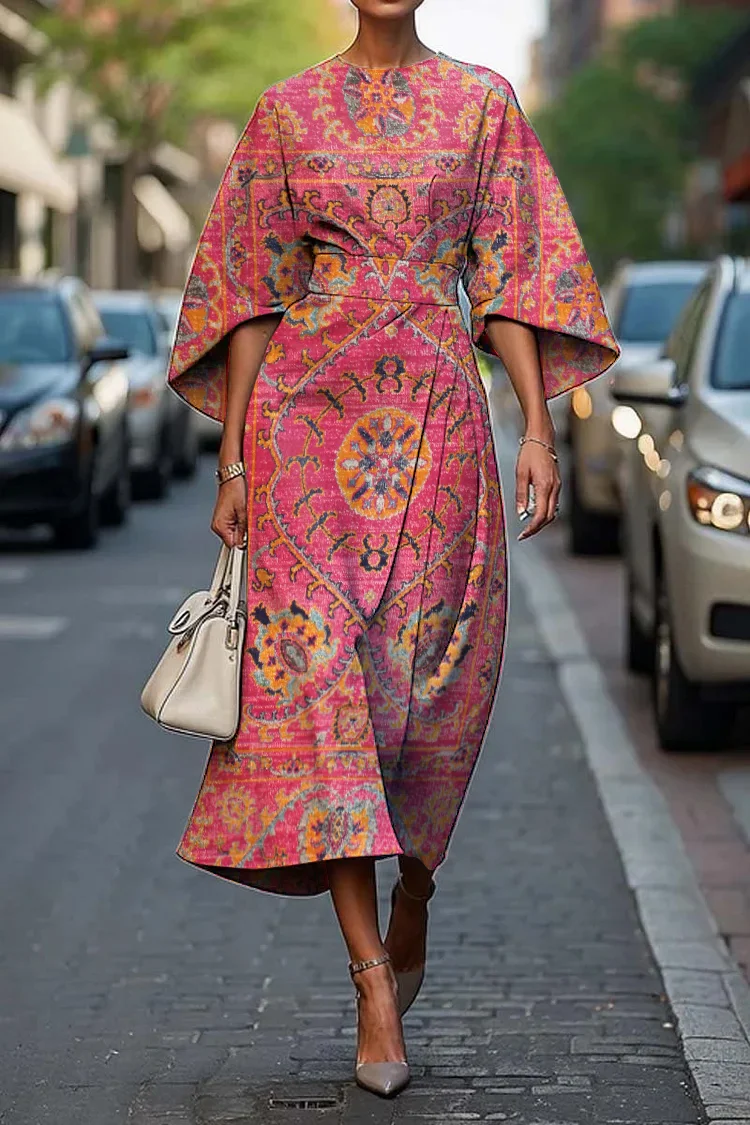 Women's Elegant Vintage Ethnic Floral Print Midi Dress