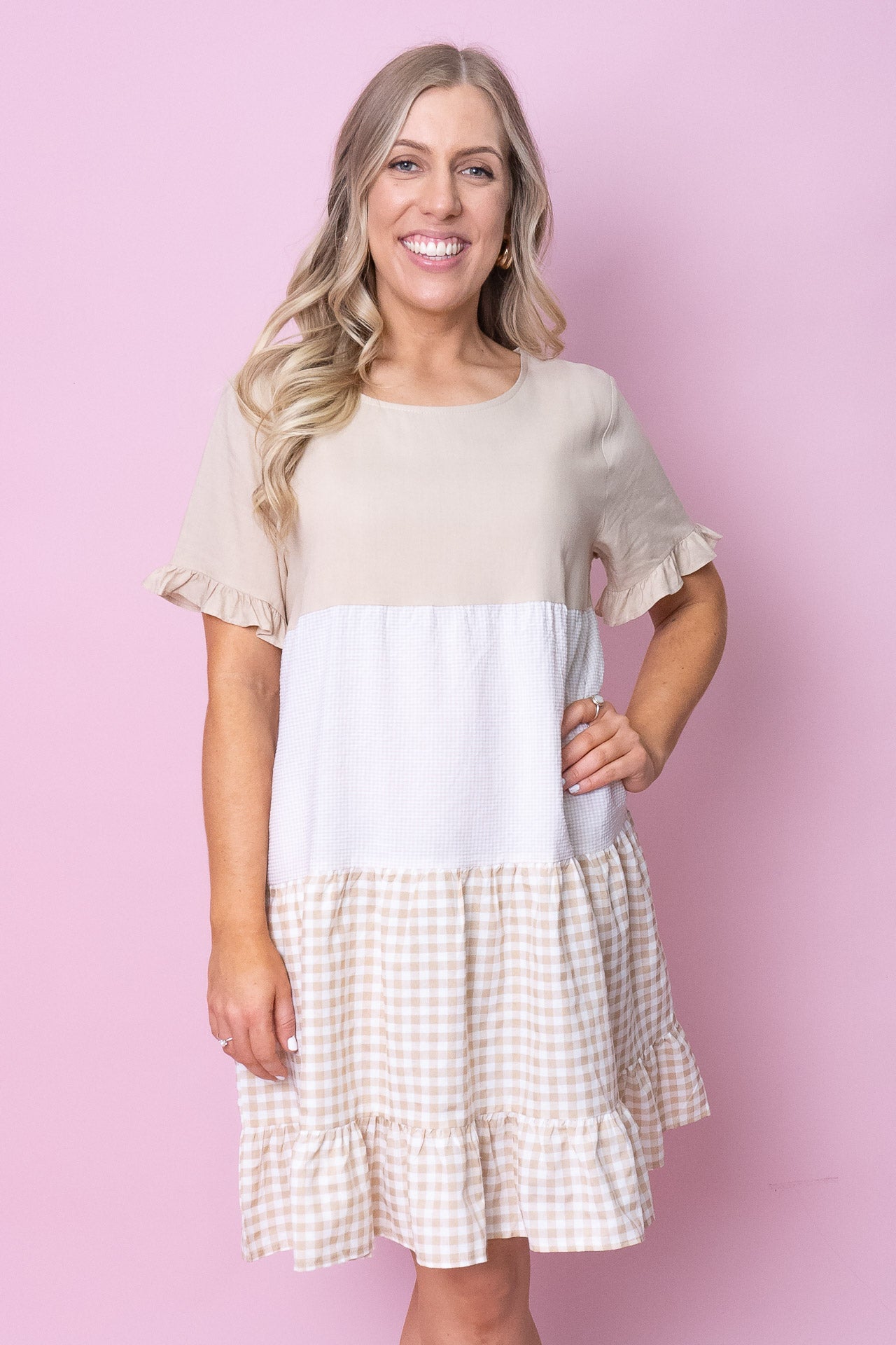 Monica Gingham Dress in Latte