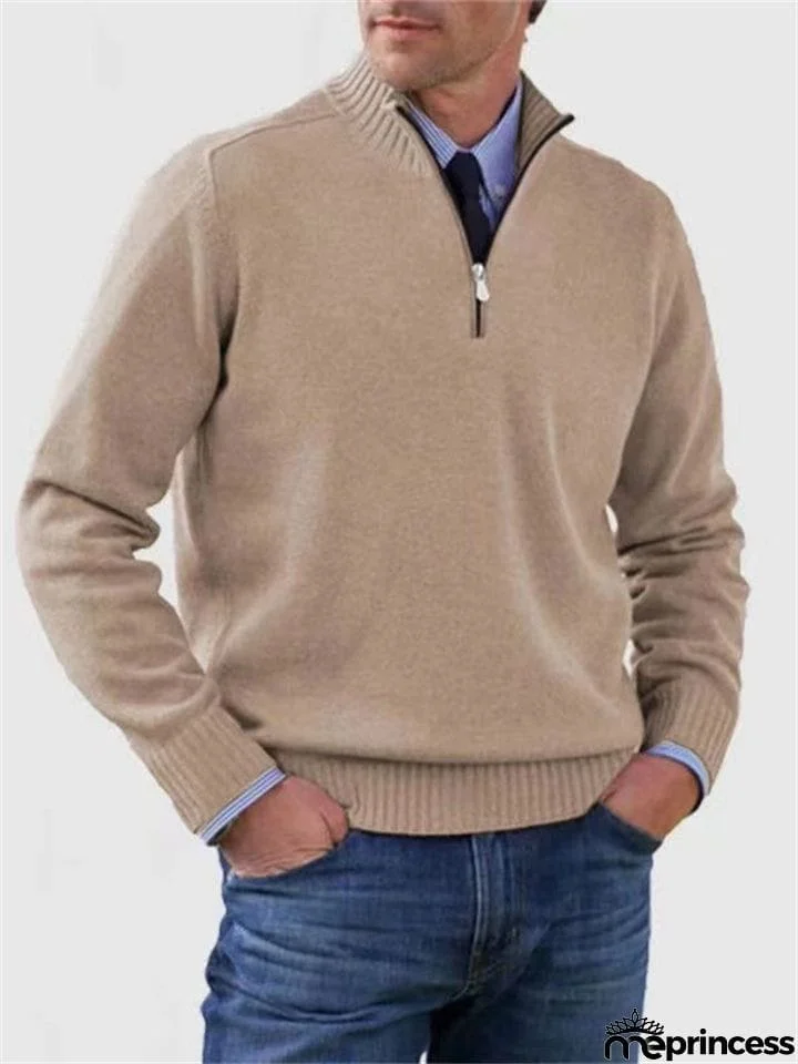 Men's Fall V Neck Half Zip Warm Knit Sweater