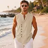 Men's Linen Sleeveless Vest, Casual Button Front Beach Shirt, Summer Vacation Top by Inlyline