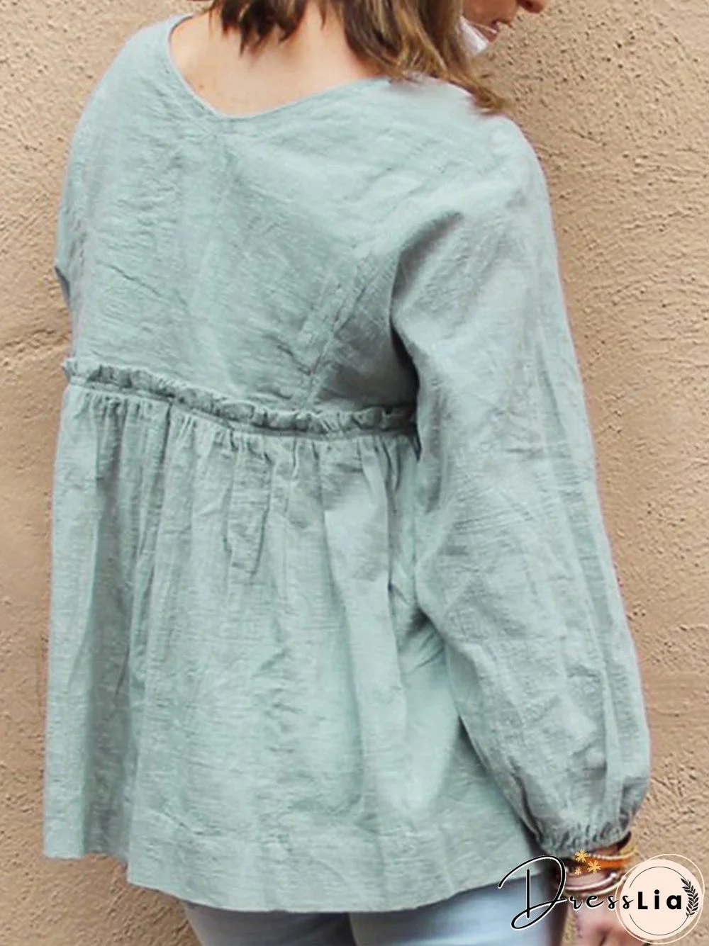 Solid Color Bandage Long Sleeve Loose Blouse For Women