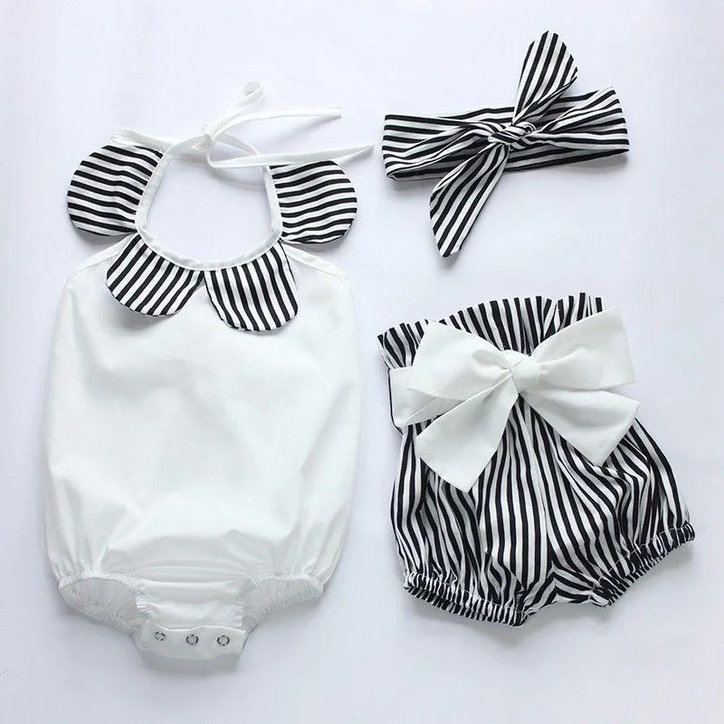 Toddler Infantil Baby Girl Romper Tops+Striped Shorts Bottoms+Head Band 3PCS Outfits Sunsuit 0-24M