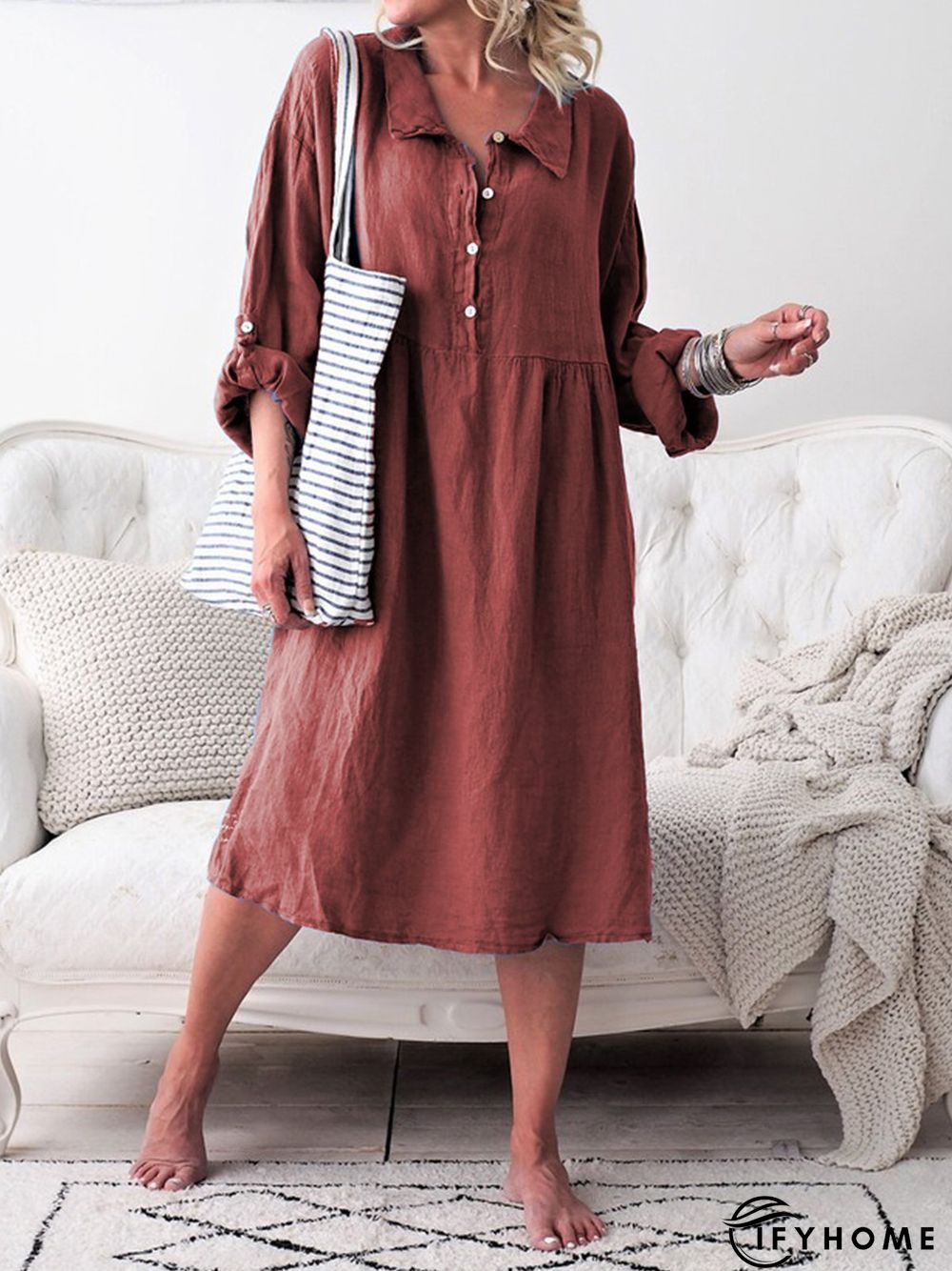 Women Summer Convertible Long Sleeve Buttoned Loose Weaving Dress | IFYHOME