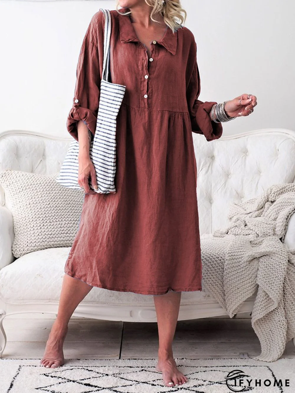 Women Summer Convertible Long Sleeve Buttoned Loose Weaving Dress | IFYHOME