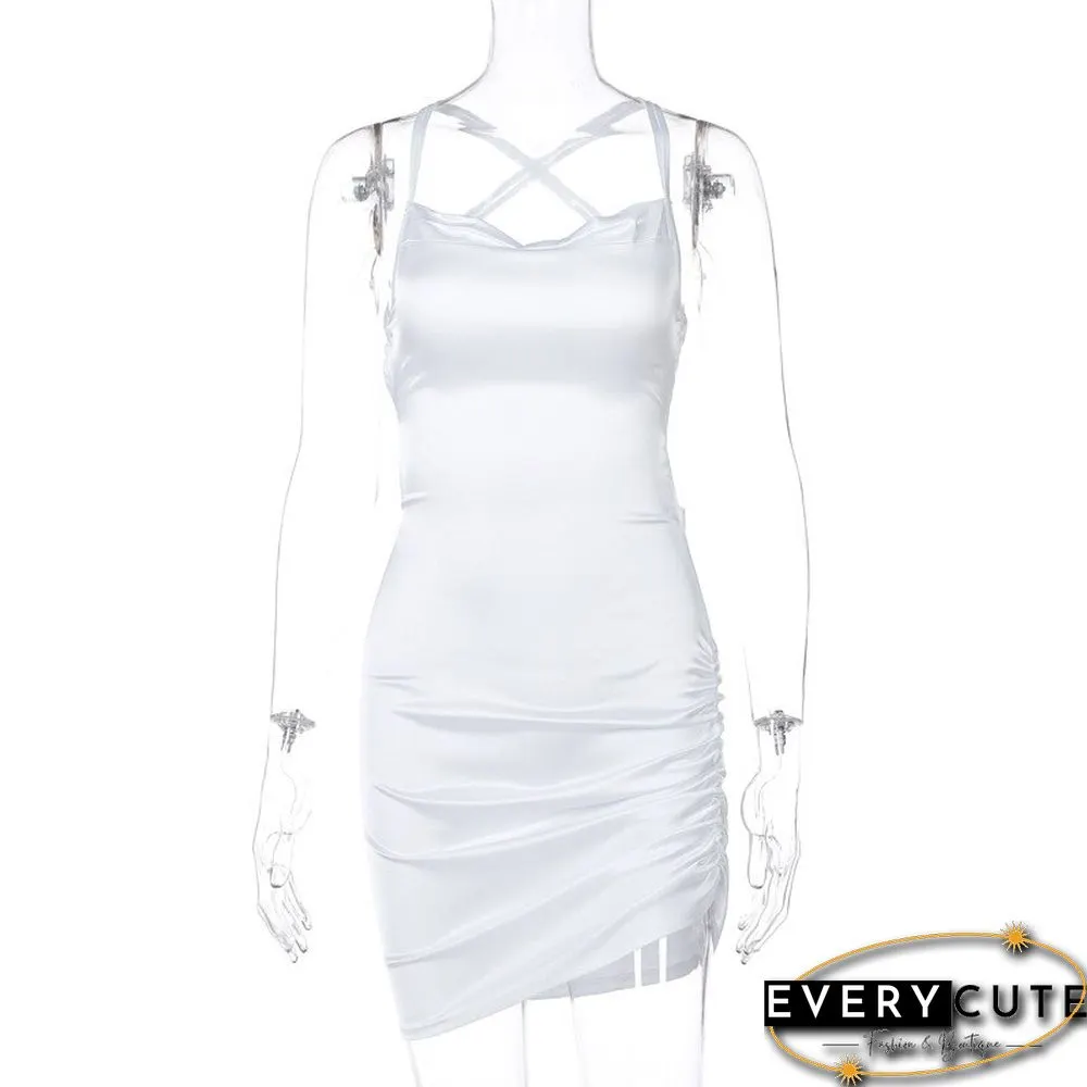 Women Strap Mini Dress Ruched Lace Up Cross Bandage Backless Bodycon Sexy Party Elegant Club Christmas Slim