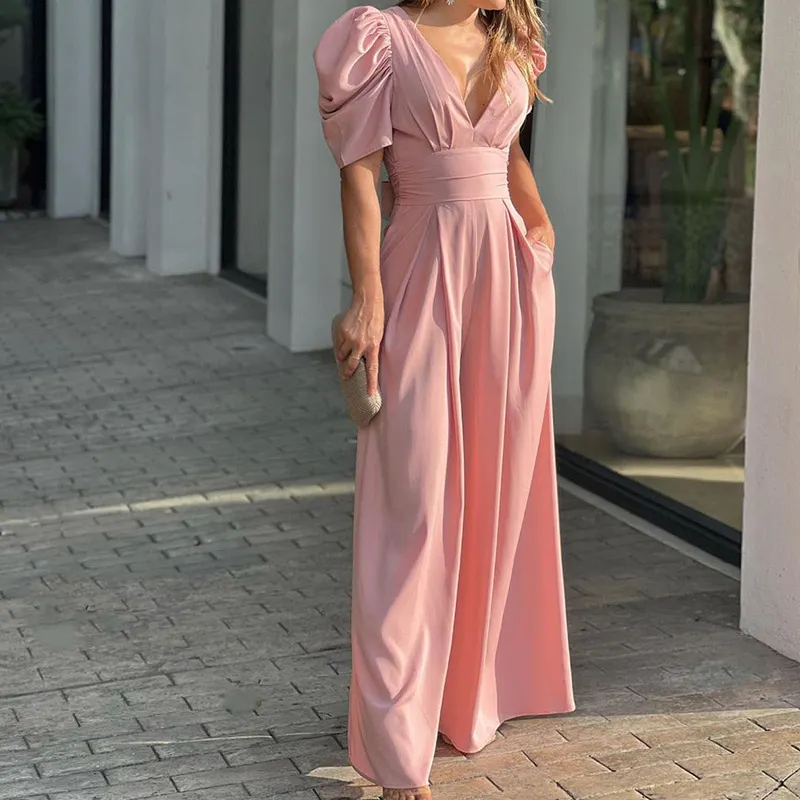 Uveng Uveng 2024 New Women's Short-Sleeved Fashion Elegant Plus-Size Wide-Leg Jumpsuit