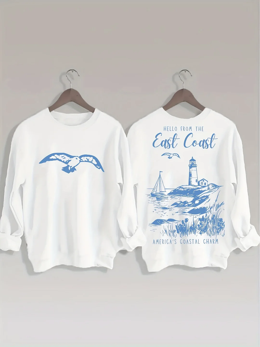 Women's Coastal Graphic Print Sweatshirt - Lighthouse Sailboat Seagull & "Hello From The East Coast" Design, Soft Stretch Round Neck Long Sleeve Pullover, Machine Washable All-Season Casual Top, Relaxed Style, Seaside Style, Comfortable Fit | IFYHOME