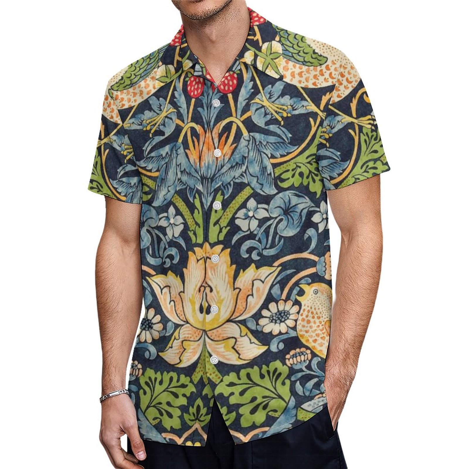 William Morris Strawberry Thief Floral Pattern Hawaiian Shirt Mens Button Down Tropical Hawaii Beach Shirts