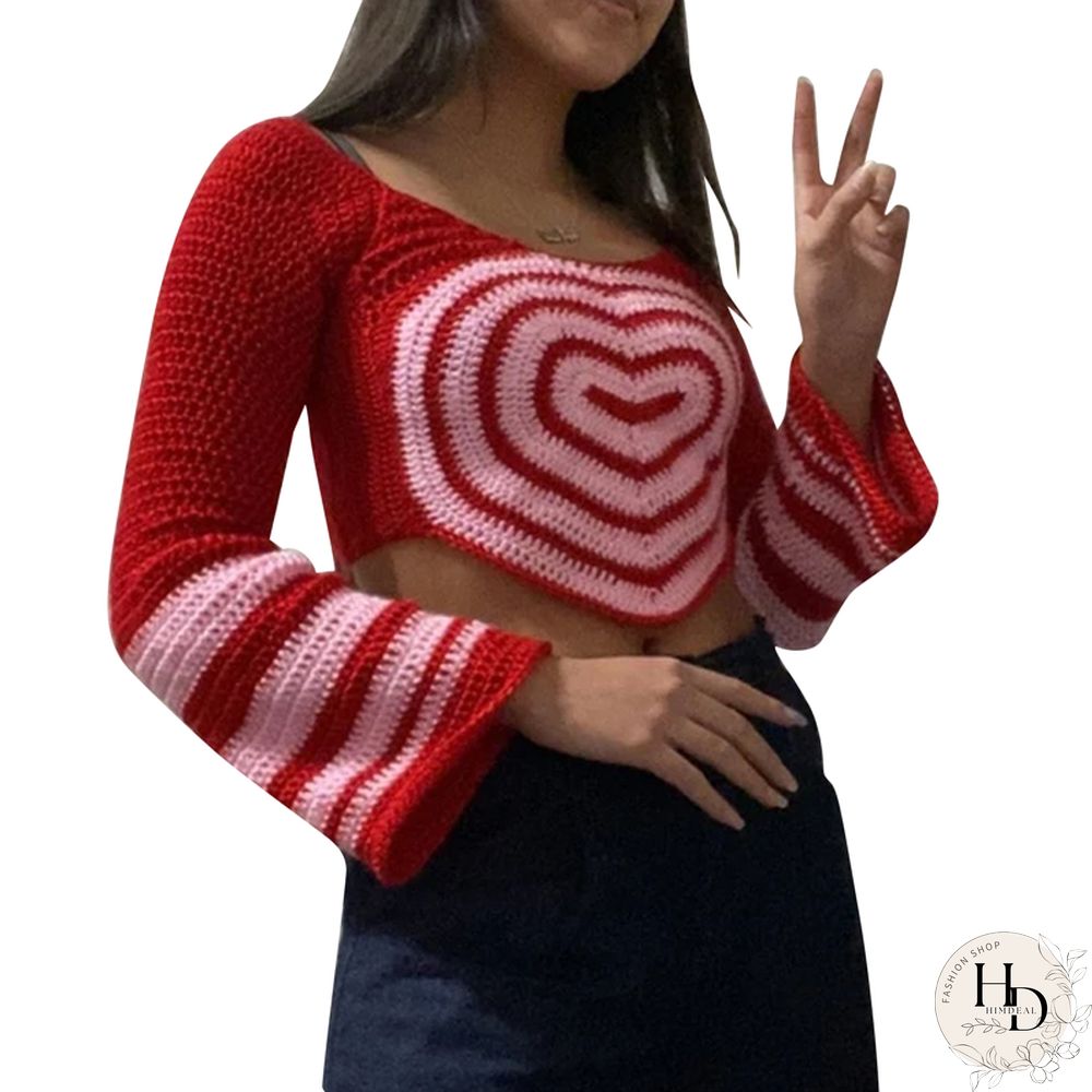 Aesthetic Grunge Sweater Vest Women Contrast Color Heart Print Flared Long Sleeve Knitwear Y2k Fairycore T Shirt