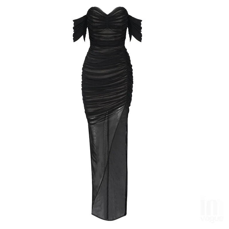New Women Summer Bandage Dress 2023  Off Shoulder Mesh Ruched Brown Black Maxi Long Bodycon Elegant Evening Party Dress