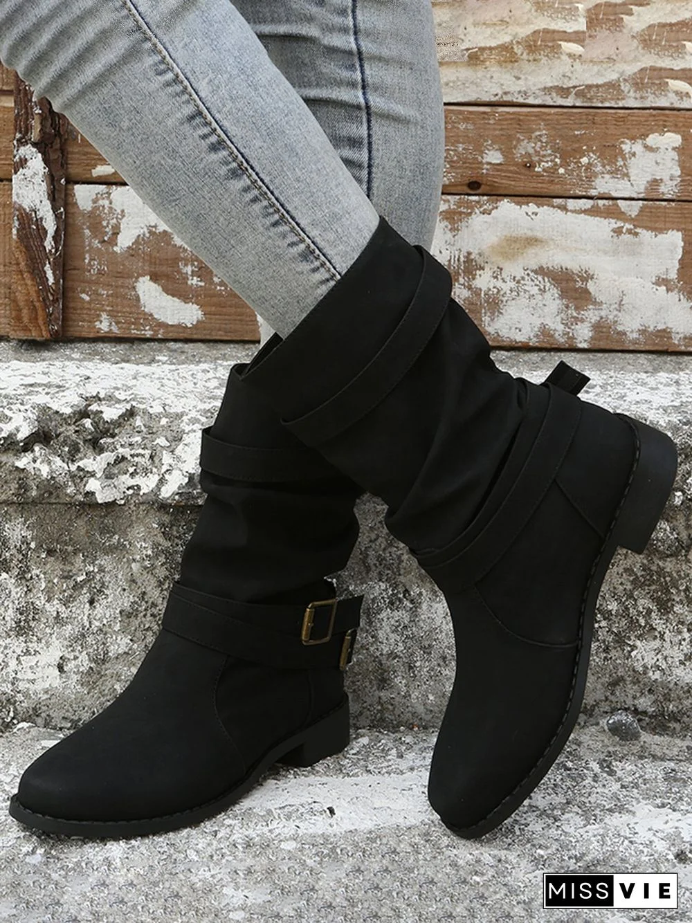 Ruched Buckle Casual Leather Booties