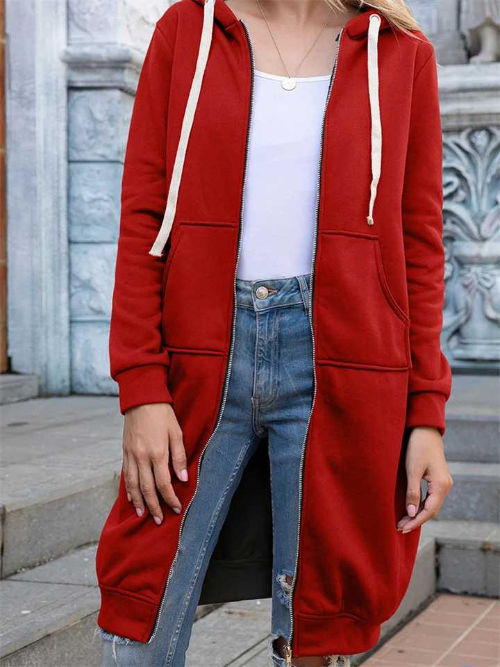 Women's Fall and Winter Sweater Large Size Loose Hooded Medium-length Jacket Plus Size Solid Color Jacket-JRSEE