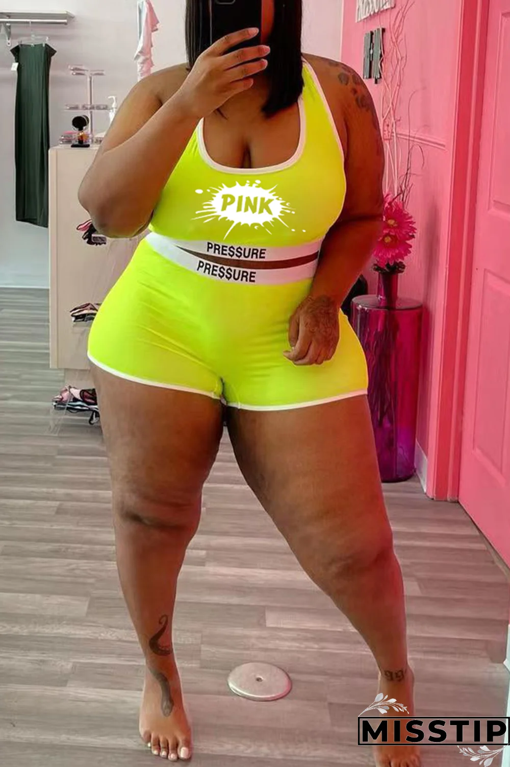 Black Street Print Patchwork U Neck Plus Size Two Pieces