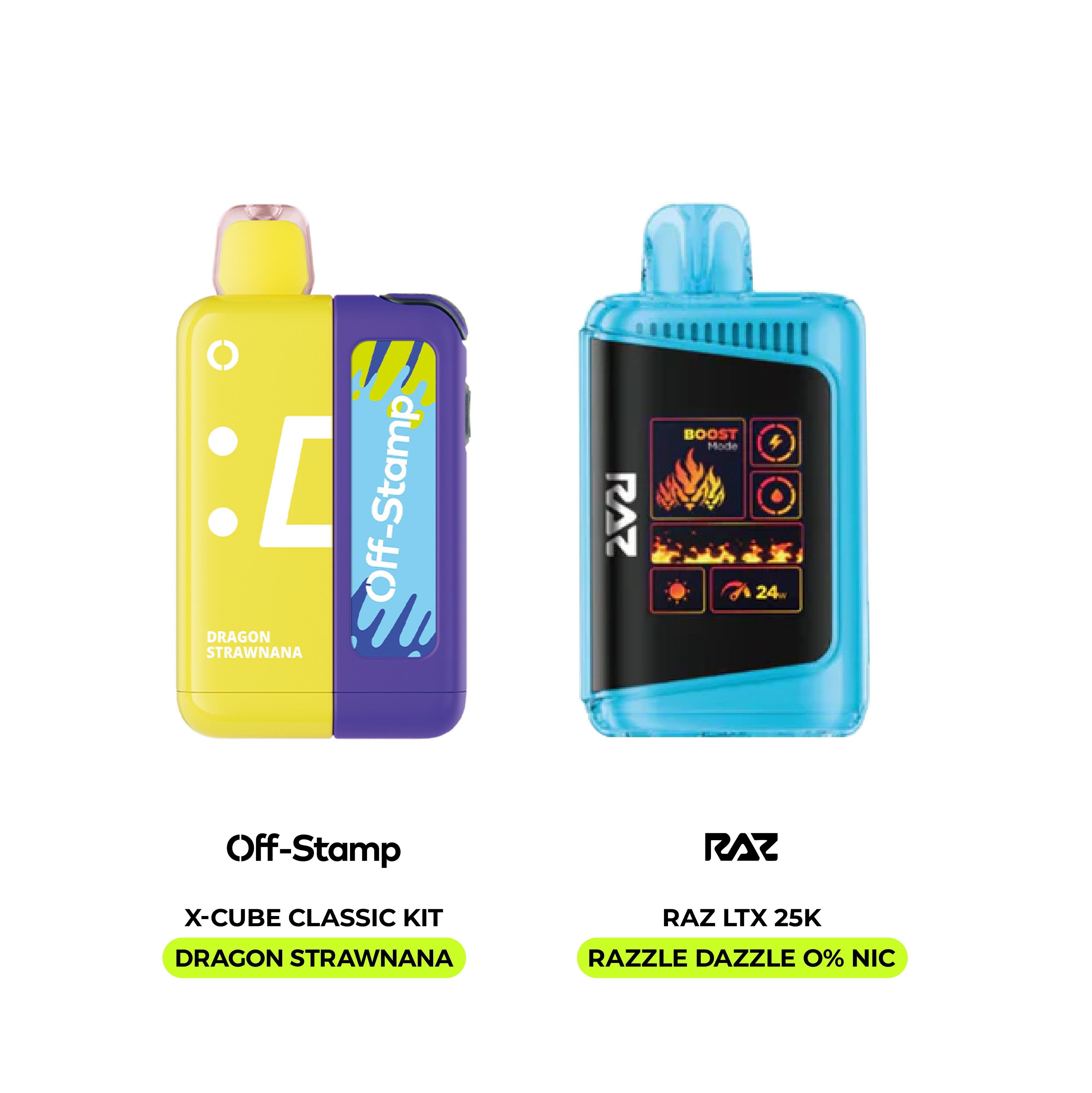 Limited Flavor Fusion: Off-Stamp X-Cube Classic Dragon Strawnana & RAZ LTX 25K vapes.