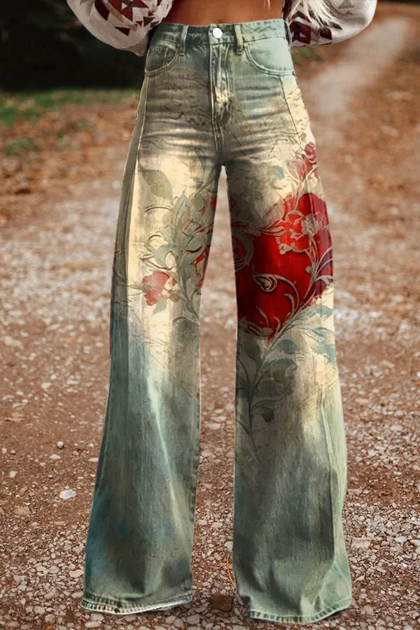 Women's Retro Chic Love Heart Casual Wide Leg Pants