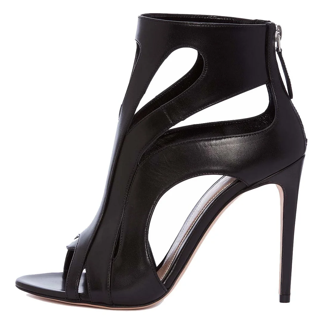Black Sexy Peep Toe Cut-Out Stiletto Heeled Sandals with Zipper