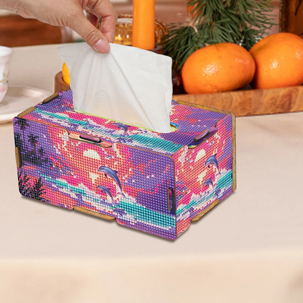 Diamond Painting Tissue Box Kits Rhinestone Craft Kit (Pink Sunset Dolphin)