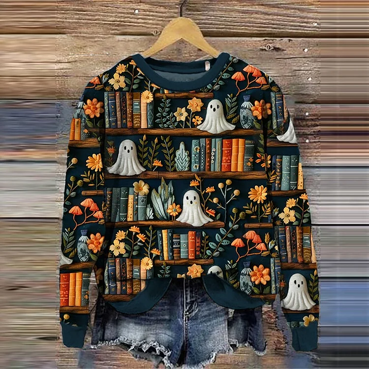 Utbros Women's Halloween Boos Print Sweatshirt