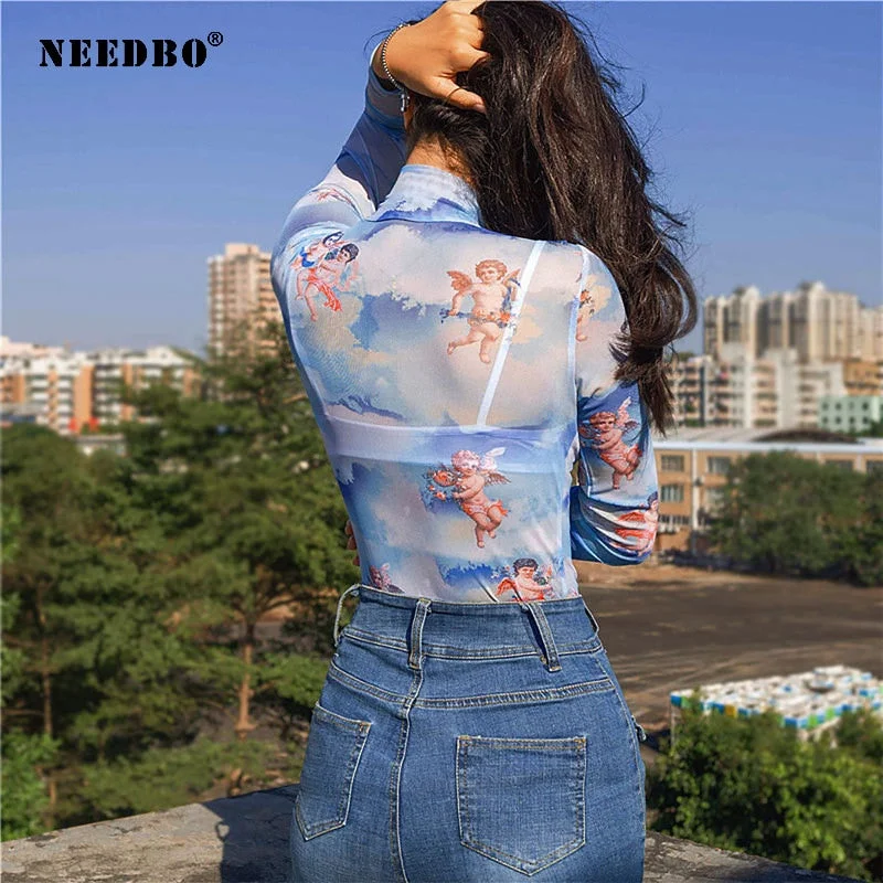 NEEDBO T Shirt Women Full Sleeve Sexy Tshirts for Women Long Sleeve Casual O-neck Short T-shirt Printed Lady Slim Top Sexy Femme