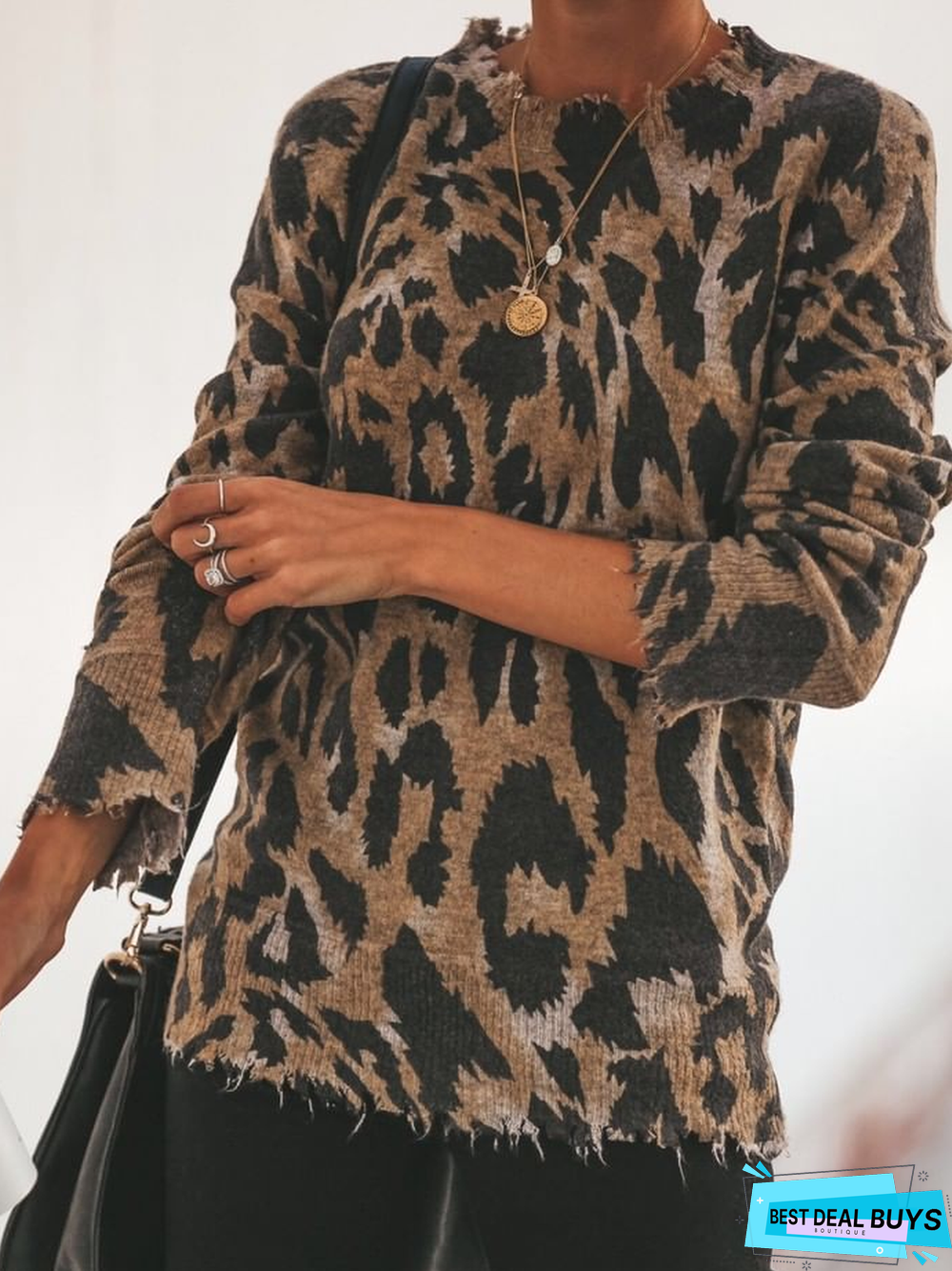 Knitted Long Sleeve Leopard Print Sweater