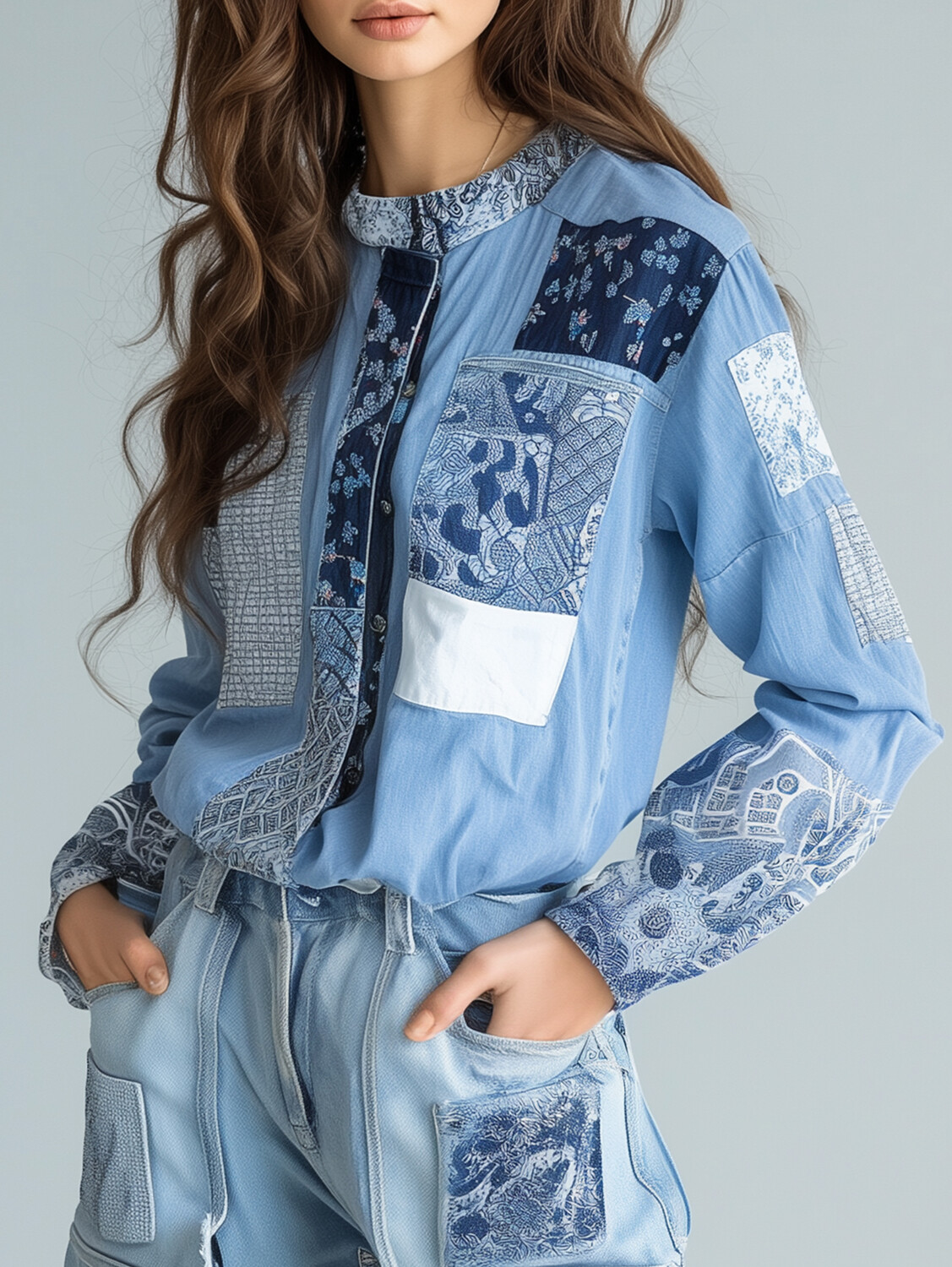 Ursime Denim Patchwork Button Long Sleeve Blouse