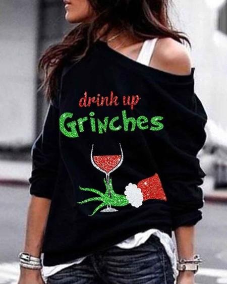 Drink Up Grinches Print Cold Shoulder Top