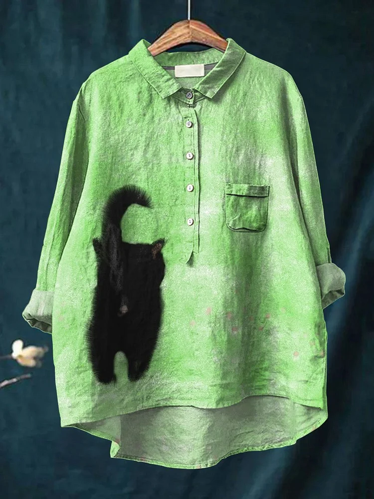 Cute Black Cat Walk in Grass Printed Womens Casual Cotton And Linen Shirt