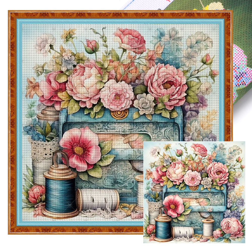Workbox And Flowers Full 11CT Pre-stamped Canvas(45*45cm) Cross Stitch
