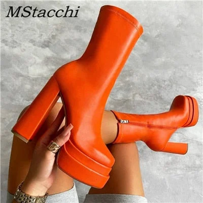 2022 Sexy Chunky High Heels Ankle Shoes For Women Punk Style Zipper Thick Platform Elasticity Microfiber Boots Sapatos Femininos