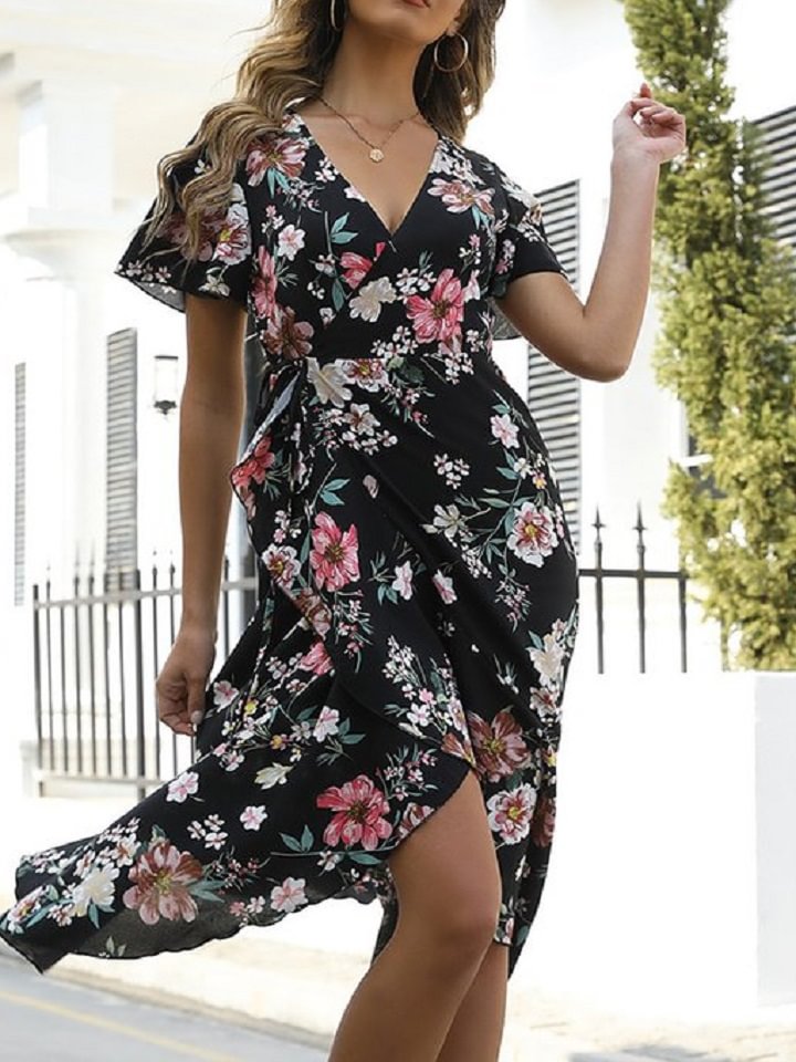 Contrast Printed Waist Slit Dress Black Dresses | EGEMISS