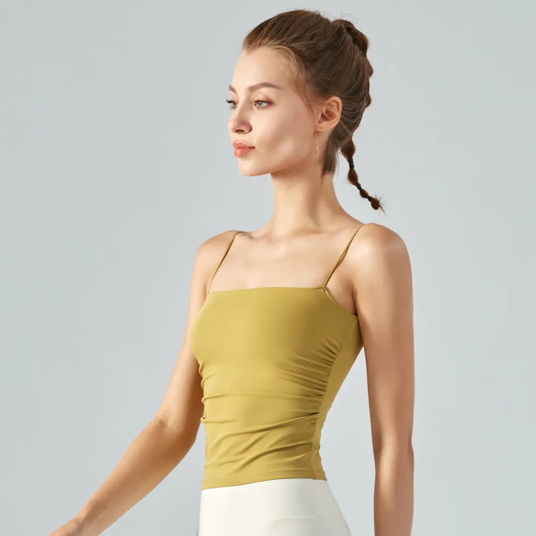 Hergymclothing Leaf Yellow Leaf Yellow side scrunch lightweight naked feeling sports gym yoga camisole vest for sale