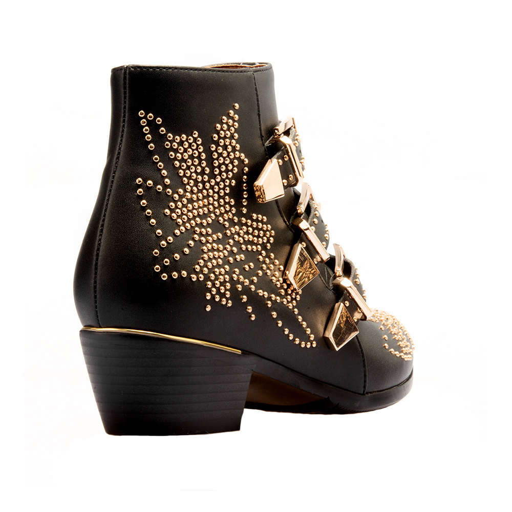 Women's Rivets Metal Buckle Low Heels Ankle Boots-vocosishoes