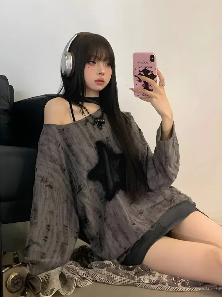 Brownm Grunge Star Distressed Sweater