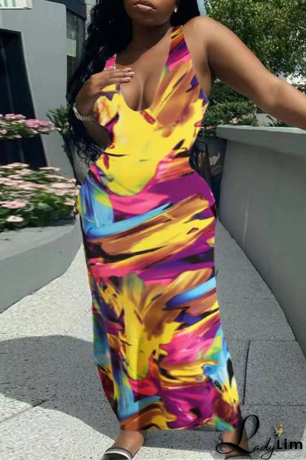 Tangerine Red Sexy Daily Print Graffiti V Neck Wrapped Skirt Plus Size Dresses