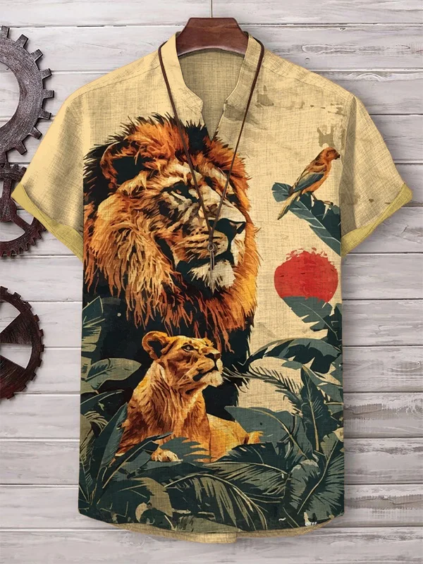 Men's Wild Lion Art Print Casual V Neck T-Shirt