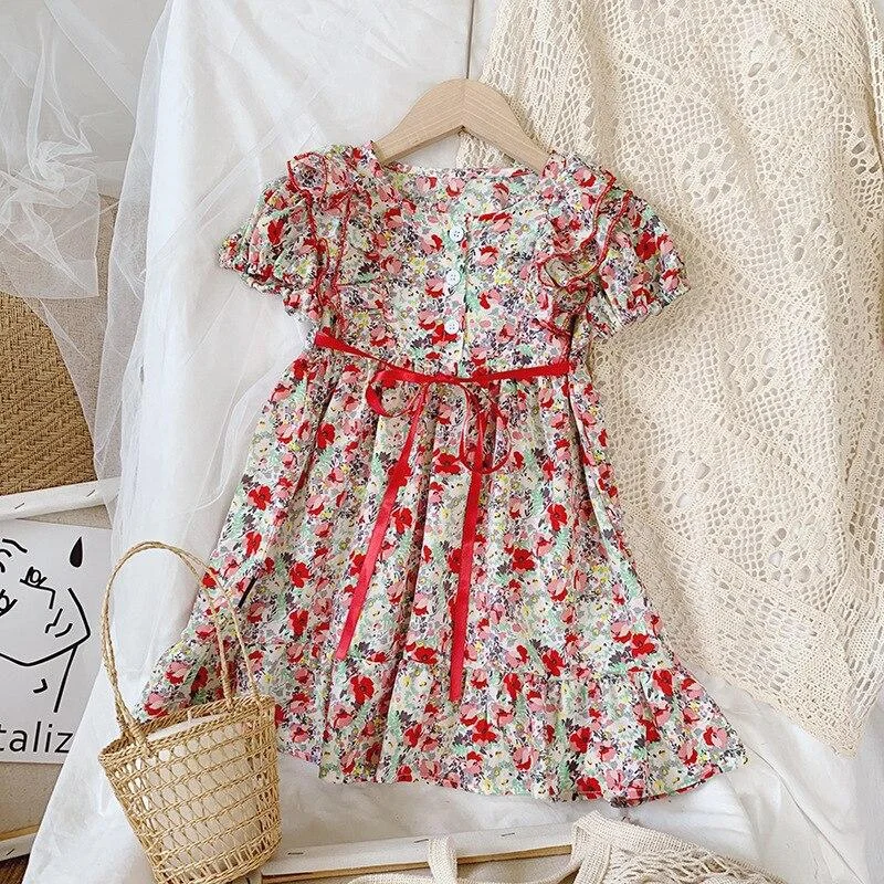 2-7T Toddler Kid Baby Girl Clothes Spring Summer Floral Dress Elegant Cute Sweet Flower Print Sundress Lovely Infant Outfit