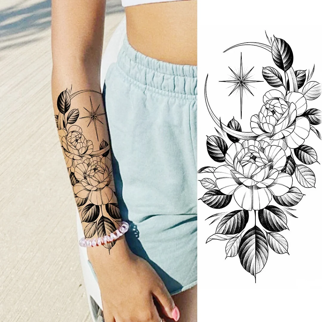 Sdrawing Peony Flower Moon Temporary Tattoos For Women Adult Rose Daisy Crown Fake Tattoo Fashion Washable Half Sleeve Tatoos