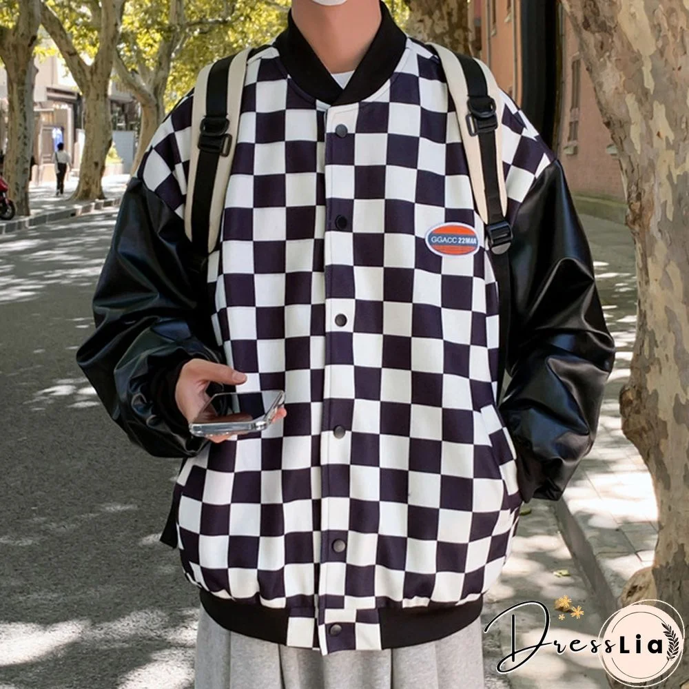 Stylish Patchwork Stand-Up Collar Checkerboard Jacket