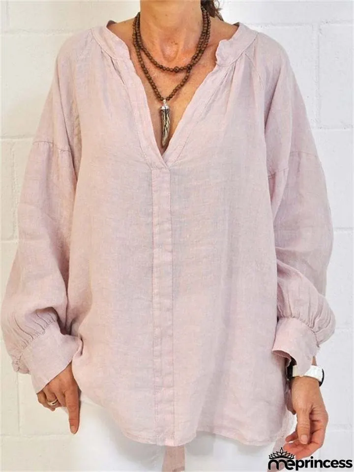 Women's Loose Pullover Style Solid Color V-Neck Blouse
